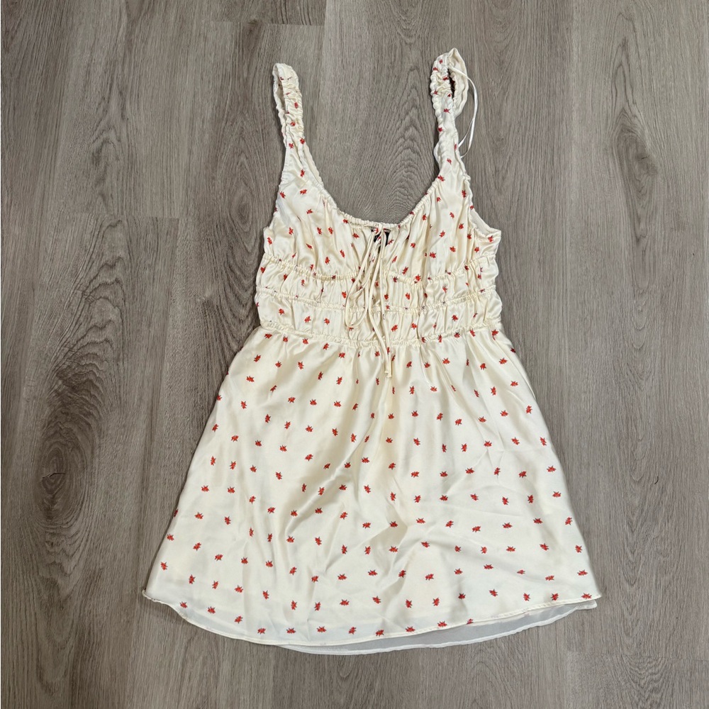 Zara Cream Satin Mini Dress with Red Floral Print – Size Medium